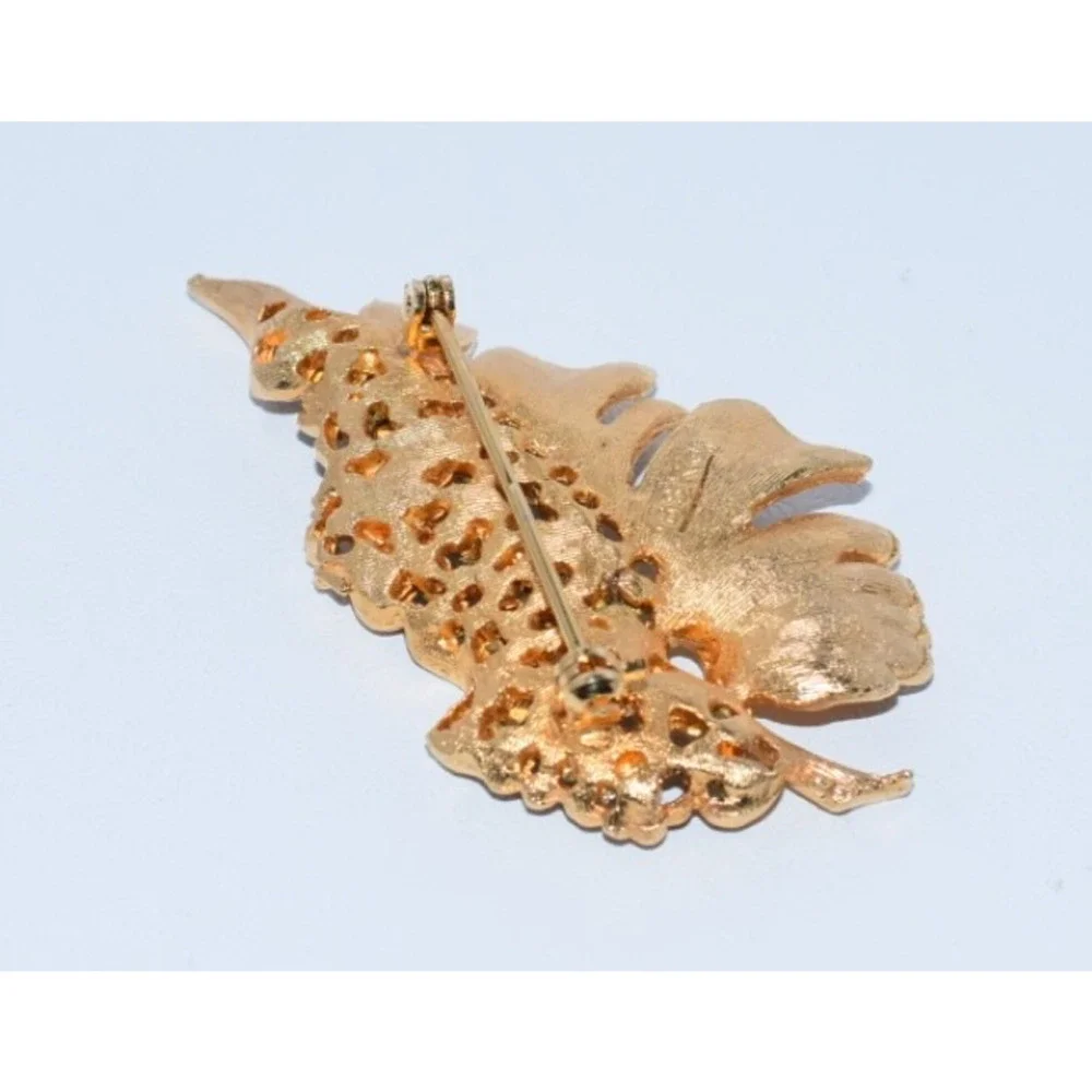 Swarovski Crystal BSK Brushed and Shiny Gold Plated Leaf Statement Brooch